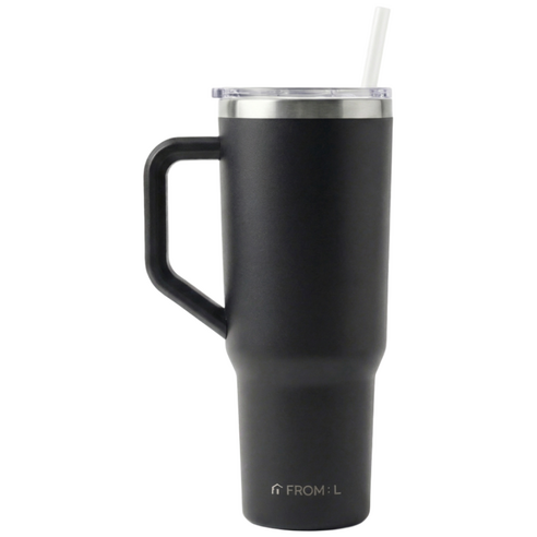 프로멜 보온보냉 대용량 빨대 손잡이 텀블러, 1개, 1180ml, 블랙