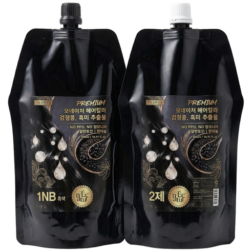 모네이처 PPD없는 새치염색약 NO암모니아 검정콩 흑미 추출물 대용량 1제500ml+2제500ml, 1개, 흑색