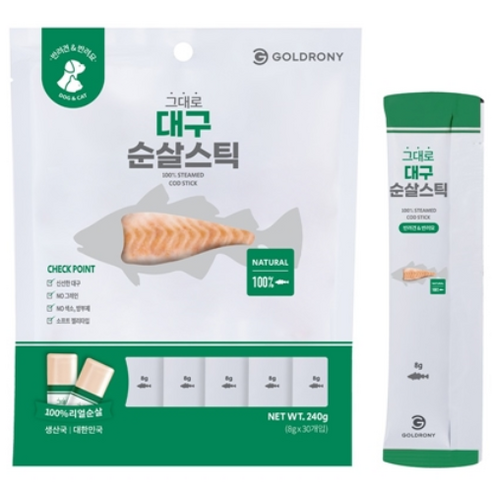 골드로니 반려동물 그대로 순살스틱 간식 30p, 대구, 8g, 1개