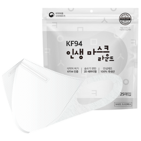인생마스크 국산 귀편한 새부리형 KF94 마스크 대형 100매, 클라우드화이트, 4세트, 25개입