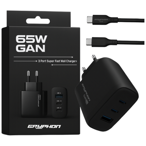 GRYPHON GaN 65W 멀티 충전기 3포트 PD PPS 초고속 C타입 노트북 충전 케이블 포함, 1개, 블랙