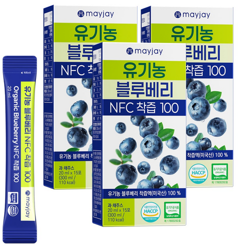 유기농 블루베리즙 100% 착즙 NFC 주스 스틱 메이제이, 3박스, 300ml