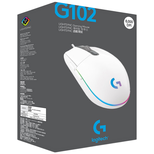 로지텍 G102IC 2세대 LIGHTSYNC 게이밍 유선마우스 벌크 MU0054, G102 정품 박스, 화이트