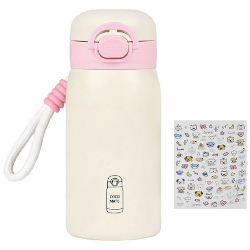 코코메이트 원터치 보온보냉 빨대겸용 텀블러 + 스트랩 + 스티커세트, 1개, 350ml, 핑크