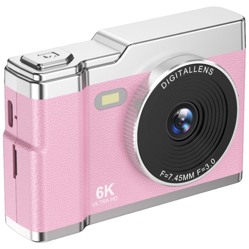 HOMIE 디지털카메라 6400W 픽셀카메라 2.4인치 고화질 미니 카메라 128GB 소형으로 휴대하기 편하고, 연분홍색