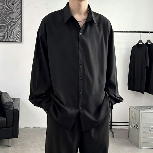 남성용 블랙 오버핏 긴팔 셔츠 무지 심플 캐주얼 데일리룩 셔츠
