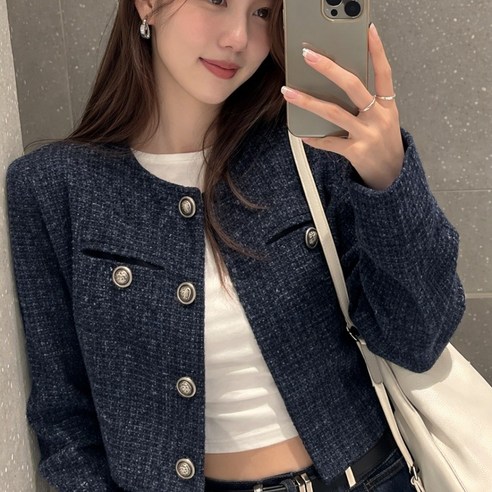제이네오 트위드 자켓 여성 라운드 노카라 재킷 새미 크롭 긴팔 Jacket