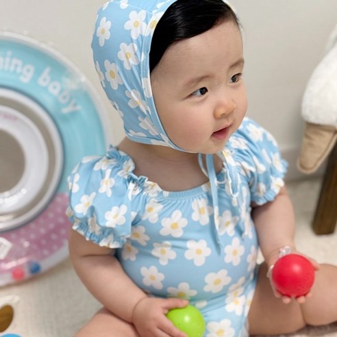 로이앤한나 예쁜 하늘색 데이지꽃 여아 여자아기 셔링 반팔 원피스 수영복 수모 세트 신생아 3개월 6개월 9개월 돌