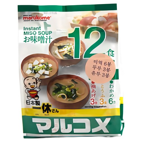 마루코메 잇큐상 간편한 즉석 미소시루 겐넨 (저염식품) 12식+추가상품 KF94마스크 2장 된장국 캠핑 혼밥 아침 저녁용 간편식사, 186g, 1개