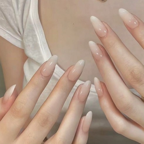 밀크빛 실크 누드 화이트 그라데이션 아몬드 네일팁 붙인는 젤네일팁 웨딩 드레스, 1개, T-139