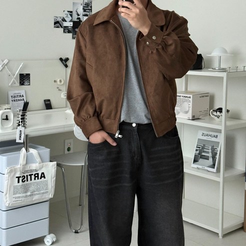 르위 오버핏 스웨이드 세미크롭 트러커 자켓 아우터 카라넥