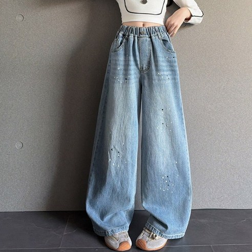 갓피치 봄 가을 주니어 페인팅청바지 와이드청바지 초등학생 워싱청바지