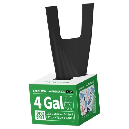 KeenEcho 검정색 미니 손잡이 쓰레기봉투 무향 HDPE 누수방지 찢어짐방지 주방 침실 욕실 화장실 사무실용, 15L, 200개