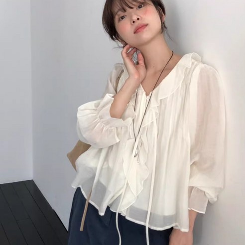 글로리원 여성 데일리 쉬폰 러플 긴팔 블라우스