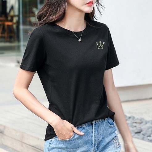 데일로엔 여성 라운드넥 심플 크라운 자수 반팔티