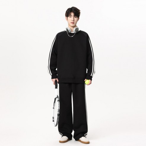 ANYOU 남녀공용 커플 트레이닝복 세트 루즈핏 스트라이프 봄가을 빅사이즈 캐주얼 운동복 상하 세트