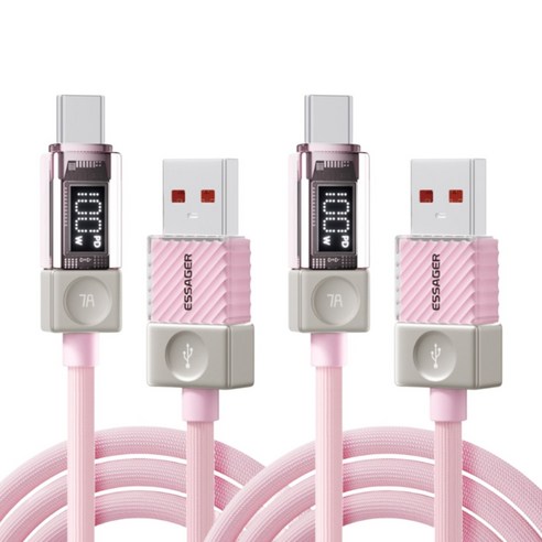 ESSAGER LED 디스플레이 7A 100W USB A타입-C타입 고속 충전 케이블 2개입, 2개, 핑크, 1m