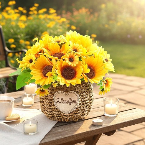 해바라기 인조 꽃다발 장식 세트 해바라기 꽃바구니 장식 소품, 오렌지, 1개