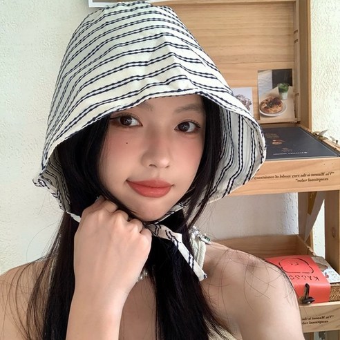 자외선 차단 줄무늬 와이드 버킷햇