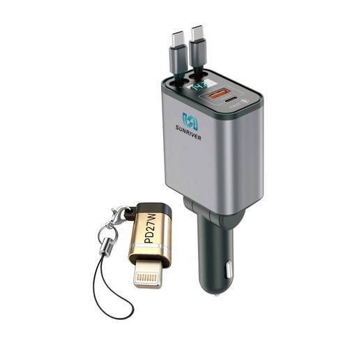 SUNRIVER 초고속 240W 차량용 초고속 충전기 CS8(C88) 릴 케이블 4in1다기능 PD45W 고속 충전 초고속 C타입 두개 애플 변환잰더 하나 포함, 240W 듀얼 TYPE-C 릴케이블 애플15/16 지원