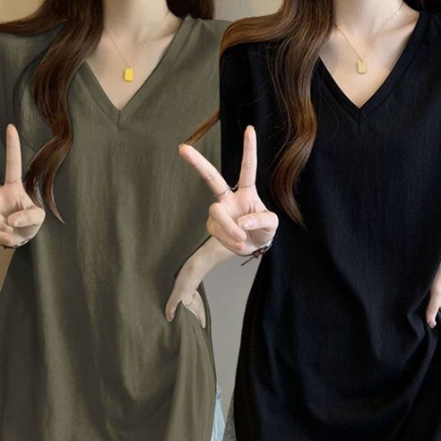 TIRA 1+1 여성 여름 V넥 루즈핏 기본 반팔티 심플 데일리 롱티셔츠 편안한 캐주얼 스타일