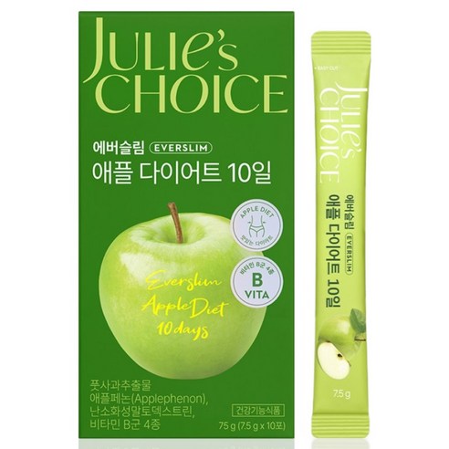 줄리스초이스 에버슬림 애플 다이어트 10일 식후혈당 다이어트보조제 혈당컷 탄수화물 비타민B 식이섬유 체지방감소 사과맛다이어트, 10회분, 1박스 - 기타다이어트식품