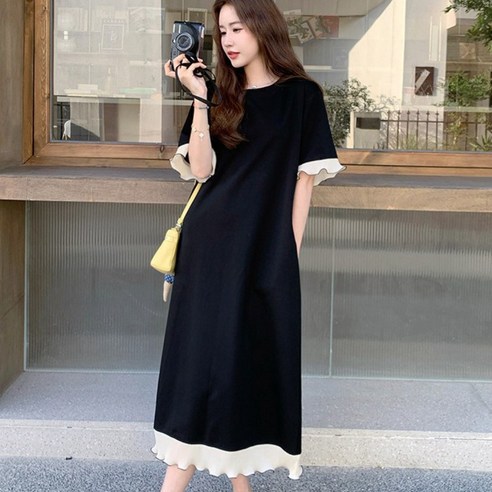 GOYES 여성 데일리 반팔 빅사이즈 원피스 여름 긴 치마 긴 원피스