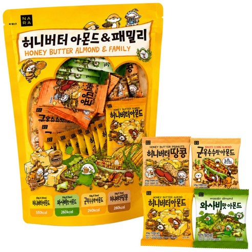 나라 허니버터 아몬드 패밀리 미니팩 4가지맛, 1개, 250g