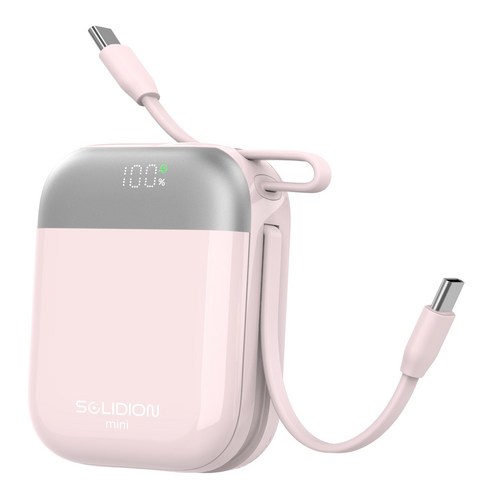 아이시 솔리디온 준고체 미니 보조배터리 10000mAh 초소형 듀얼 C타입 일체형 C타입 22.5W 고속충전 난연소재 기내반입 CCC인증, 핑크