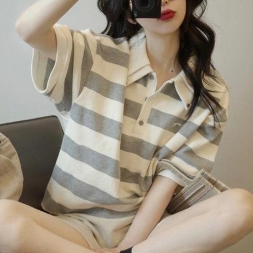 ANYOU 여성 버튼넥 스트라이프 반팔 티셔츠 카라 루즈핏 반팔티