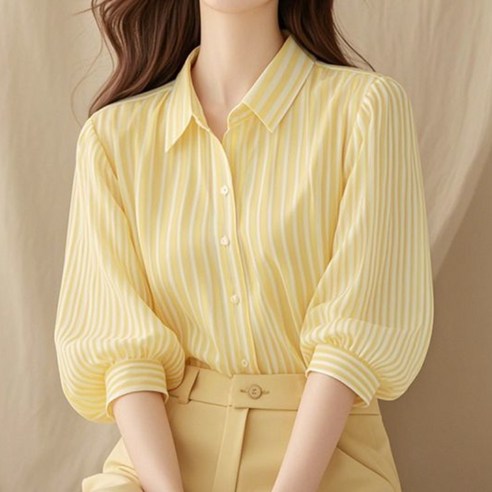 DUOMIHAN 여성 봄여름 스트라이프 카라 셔츠 7부 블라우스 옐로우 출근룩 데일리 상의