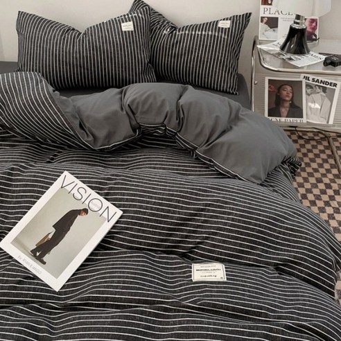 사계절 클래식 스트라이프 부드러운 침구세트 베이직 고밀도 워싱 베개커버 2개 + 침대시트 1개 + 이불커버 1개