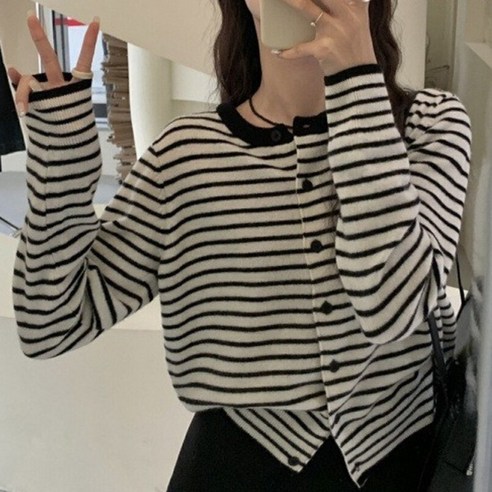 굿도우 여성 라운드넥 스트라이프 가디건