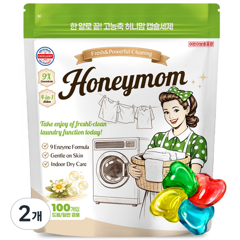 허니맘 캡슐세제 일반용량 2배 16g x 100개 세탁세제 일반용 드럼용 양재동꽃시장향, 2개, 100개입