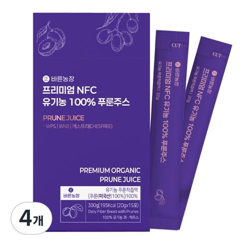 효과빠른 유기농 푸룬주스 물 한방울 넣지않은 진한 바른농장 NFC 착즙, 4개, 300g
