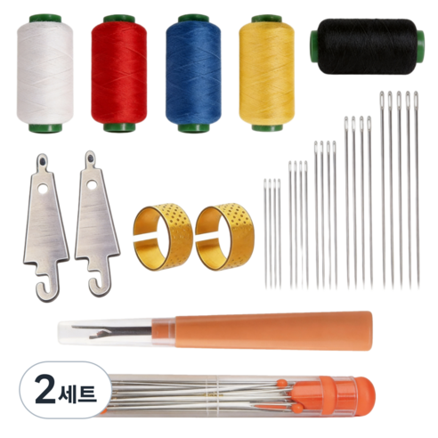 36종 프리미엄 바느질 세트 의류 재사용 대형 구멍 강철 바늘 실뜯개 데님 실 5색 중굵기 구리 골무 포함 재봉 도구 세트, 2세트, 실버