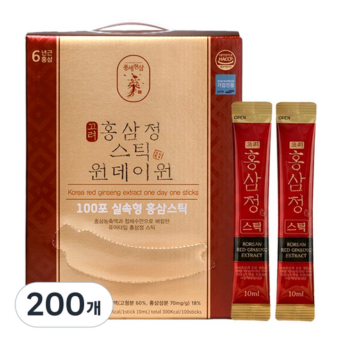 6년근 홍삼스틱 진세노사이드 1포당 11.8mg 원데이원타임 100포 [국내산], 200개, 10ml