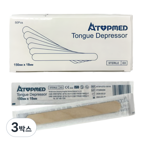에이탑 멸균 목설압자 50pcs 개별포장 병원 의료 진료용 나무 설압자 일회용 혀누르개 스파츌라, 3박스, ATOP-STD