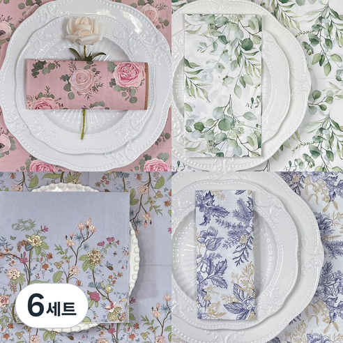 오릴리 파티 플라워 디자인 종이 냅킨 1탄, 프렌치 블루가든, 6세트, 20개입, 33cm