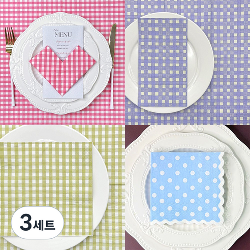 오릴리 파티 접대용 테이블 냅킨 체크 땡땡이 시리즈, 3세트, 40개입, 엣지컷 도트블루 +엣지컷 도트핑크