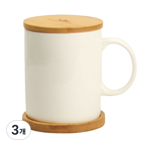 본차이나 도자기 뚜껑 머그컵 나무뚜껑 손잡이 커피 머그잔 400ml, 3개, 화이트