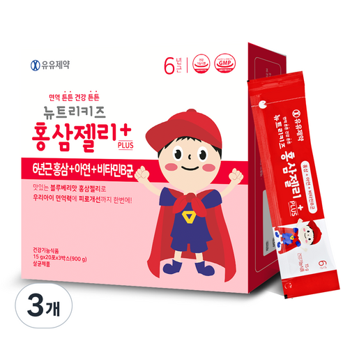 유유제약 뉴트리키즈 홍삼젤리 어린이 홍삼 스틱, 3개, 60회분