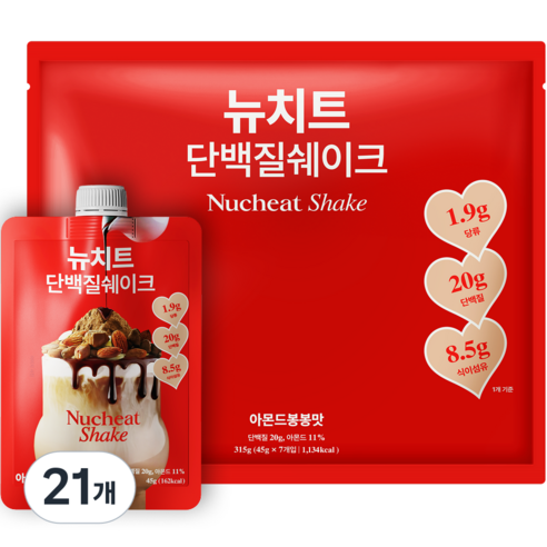 뉴치트 단백질 쉐이크 파우치 아몬드봉봉맛, 45g, 21개
