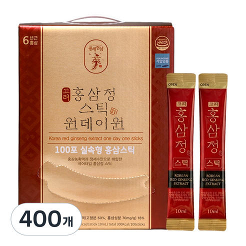 6년근 홍삼스틱 진세노사이드 1포당 11.8mg 원데이원타임 100포 [국내산], 400개, 10ml