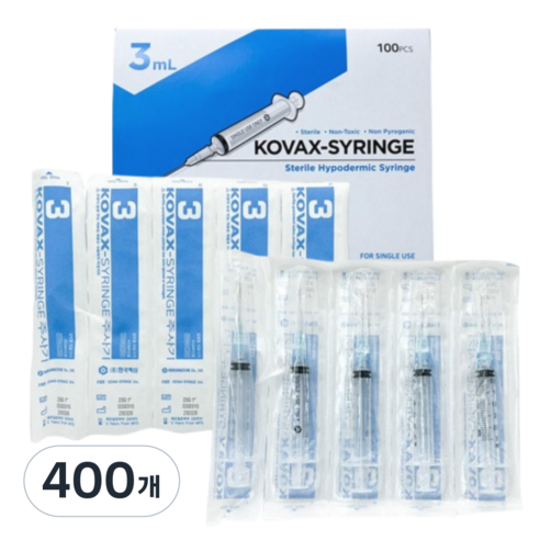 한국백신 일회용 주사기 3cc 24g 100p 멸균 개별포장 의료용 바늘, 400개, KOVAX-SYRINGE 3mL 24G 4/3