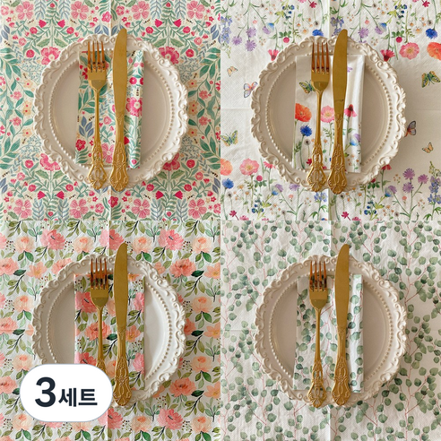 오릴리 파티 플라워 접대용 냅킨 17탄, 3세트, 40개입, 시크릿 가든+베리 믹스 33cm