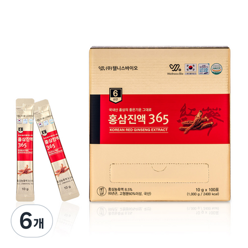 6년근 홍삼진액 365 대용량 스틱 웰니스바이오, 1kg, 6개