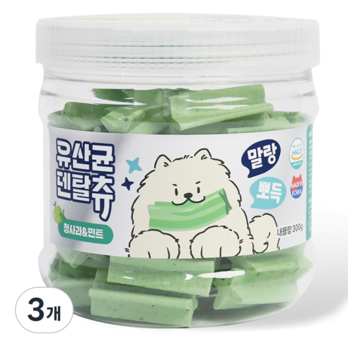푸디 더특별한식탁 유산균 덴탈츄 강아지 간식 껌, 3개, 300g, 비타민이 풍부한 청사과&민트