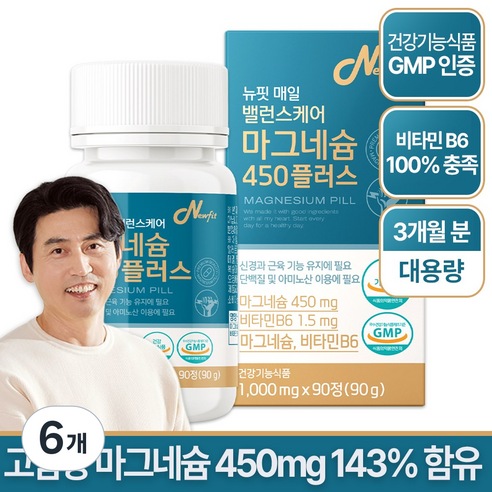 뉴핏 식약청인증 고함량 마그네슘 450 플러스 비타민 B6, 90정, 6개