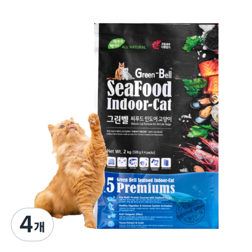 그린벨씨푸드 고양이 인도어 사료 헤어볼 관리 실내묘 변냄새 케어, 2kg, 4개